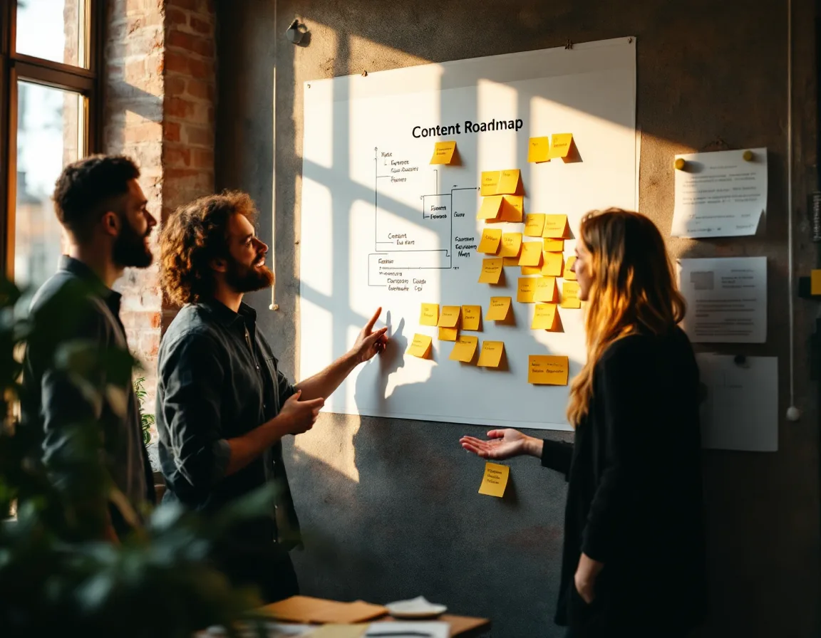 A keyword map and content roadmap pinned to a planning wall
